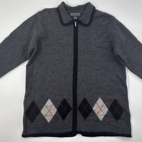 Herman Geist Cardigan 100% Wool Sweater Womens Plus 22W Argyle Gray Zip Collared - Picture 1 of 11